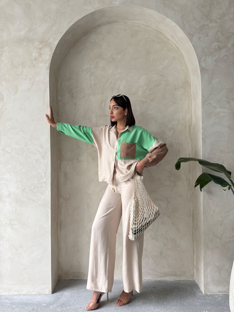 Long Sleeve Garnished Shirt Stone and Emerald