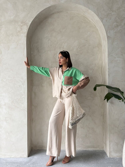 Long Sleeve Garnished Shirt Stone and Emerald