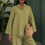 Embossed Striped Long Sleeve Shirt with Pants Set Peanut Green