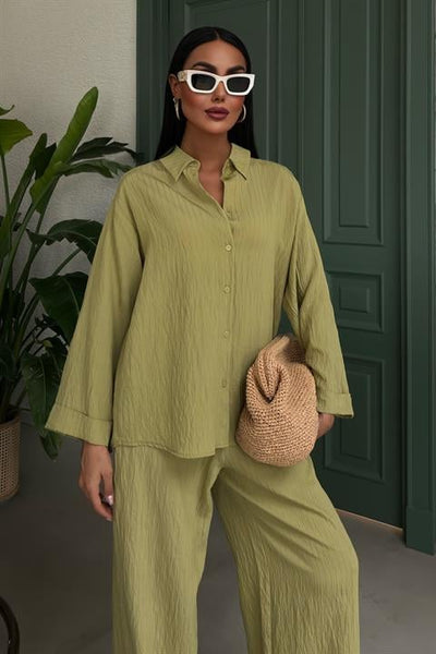 Embossed Striped Long Sleeve Shirt with Pants Set Peanut Green