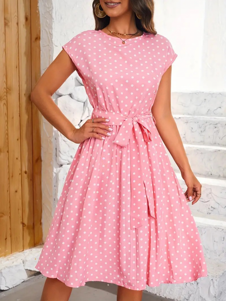 Sleeveless Belted Waist Polka Dot Sandy Dress Pink