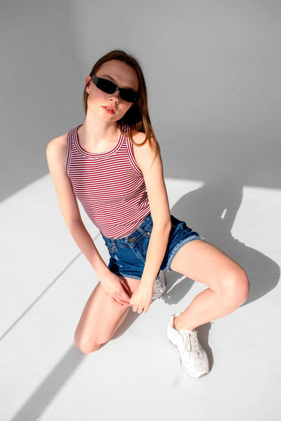 Striped Ribbed Halter Neck Tank Tops Red, White