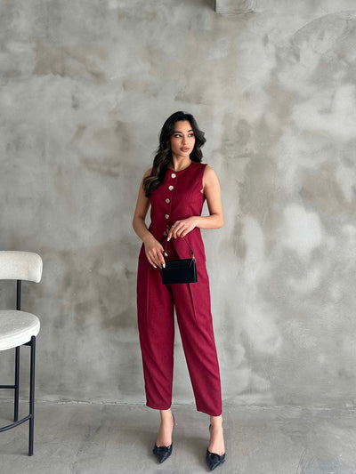 Gold Buttoned Vest Pleated Trousers Set Burgundy