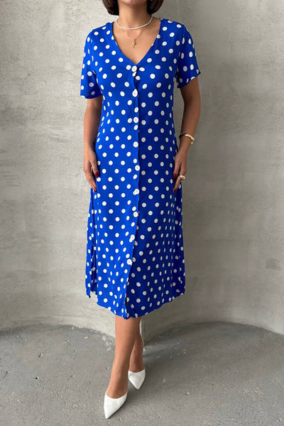 Short Sleeve Polka Dot Print Dress Blue