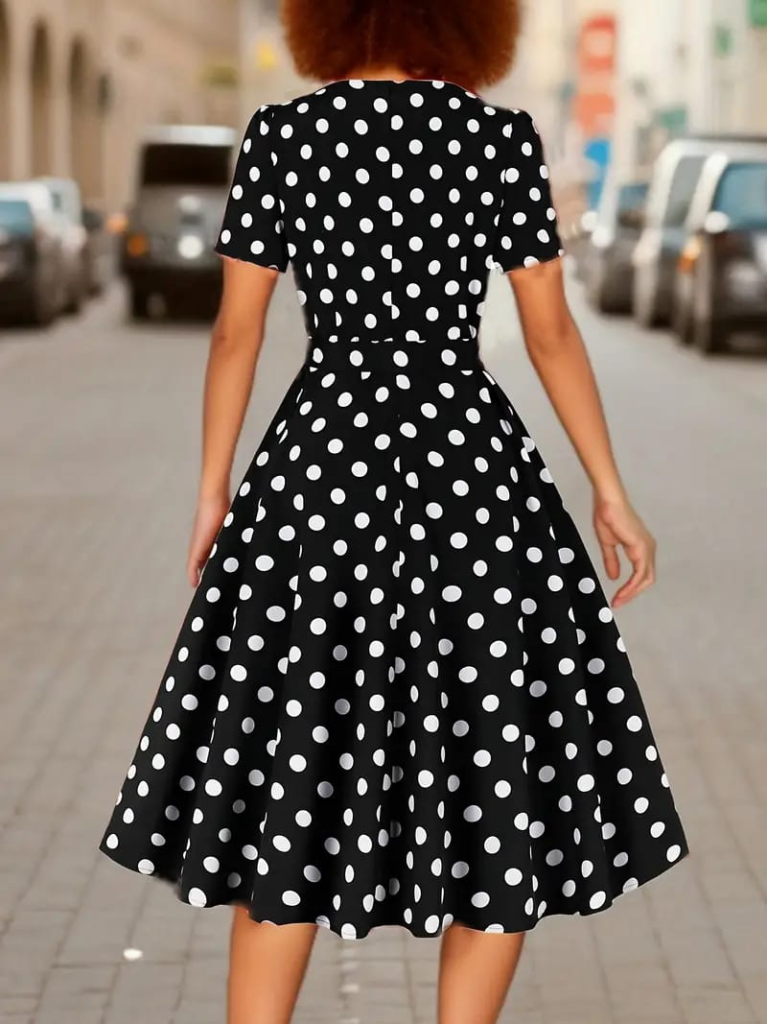 Short Sleeve Polka Dot Midi Dress Black