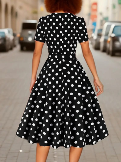 Short Sleeve Polka Dot Midi Dress Black