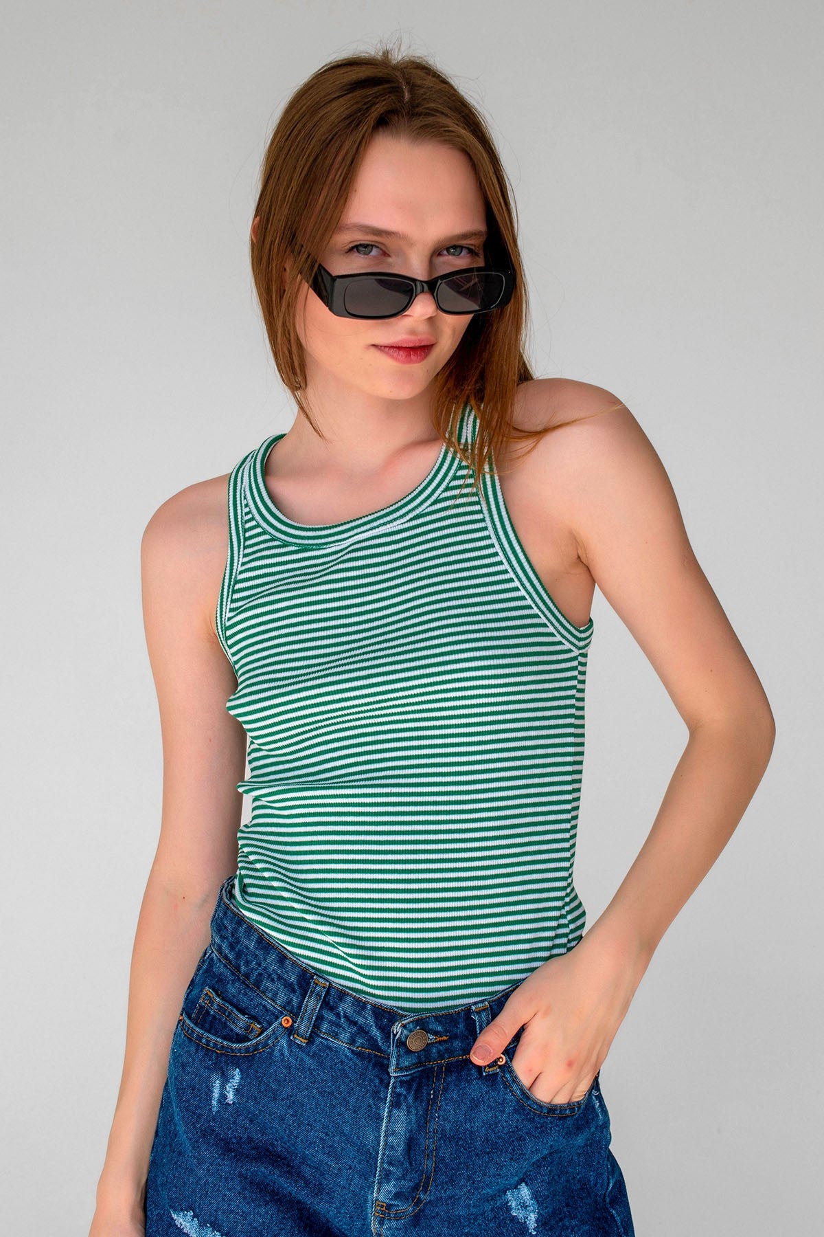 Striped Ribbed Halter Neck Tank Tops Green, White