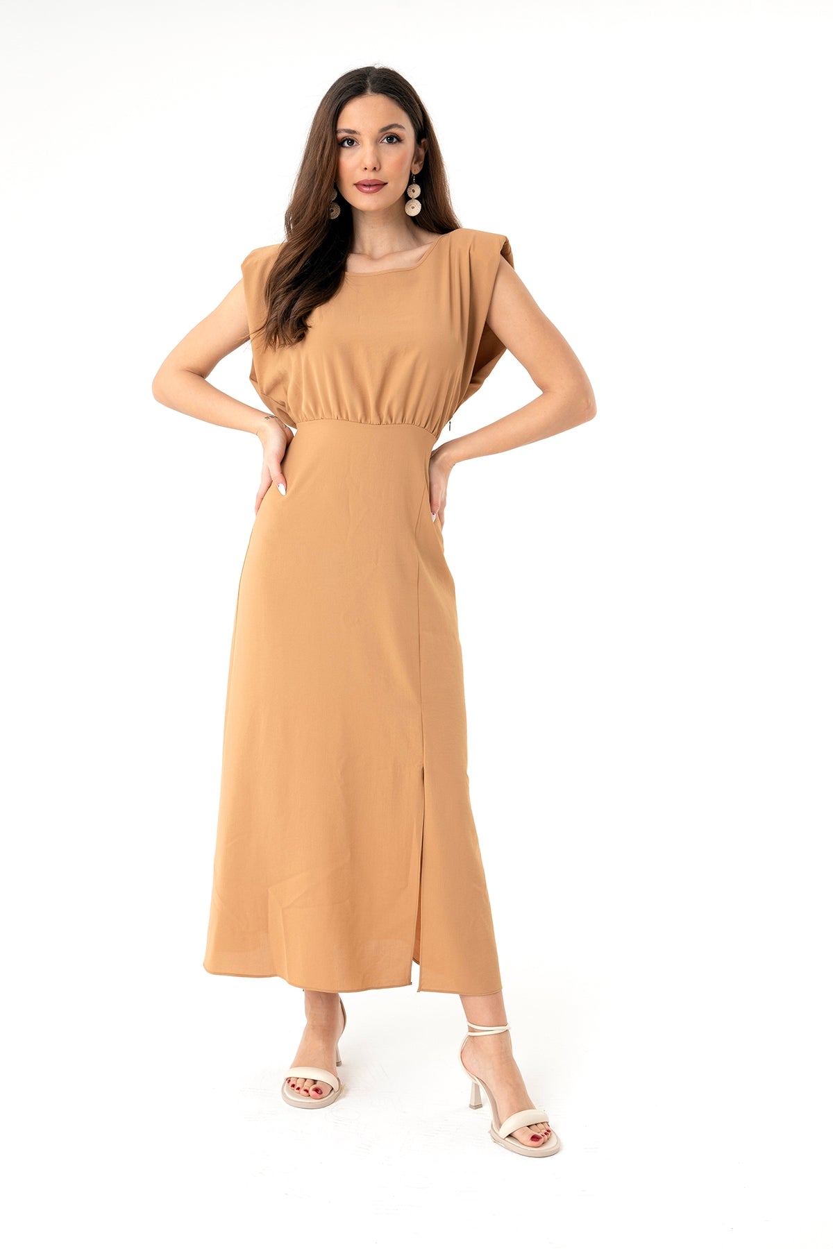 Short Sleeve Slip Detailed Midi Dress Beige