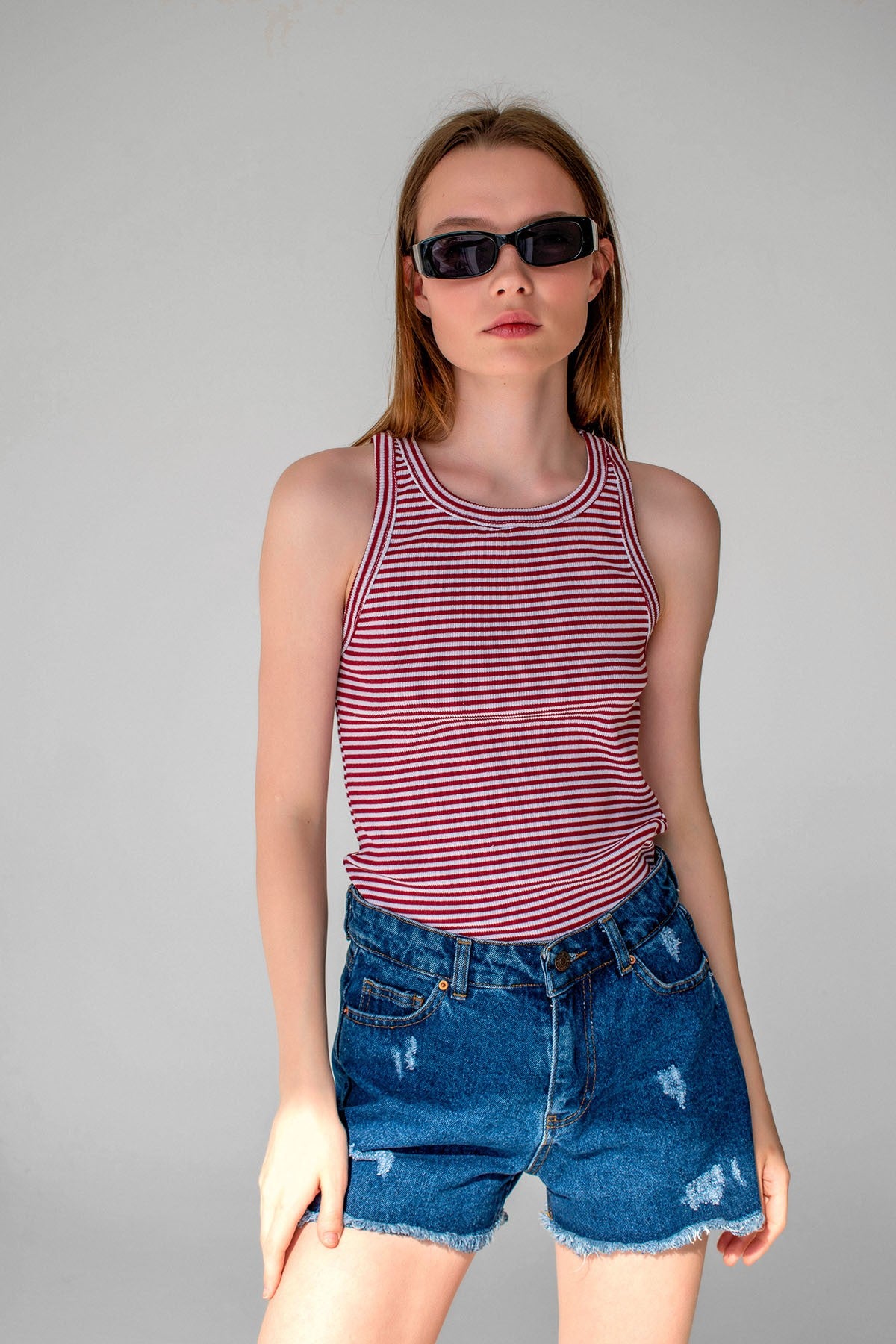 Striped Ribbed Halter Neck Tank Tops Red, White