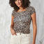 Short Sleeve Leopard Pattern Square Neck Slimfit Blouse