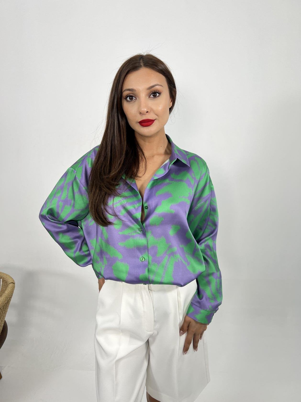 Long Sleeve Satin Shirt Oversized Purple and Green