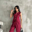 Gold Buttoned Vest Pleated Trousers Set Burgundy