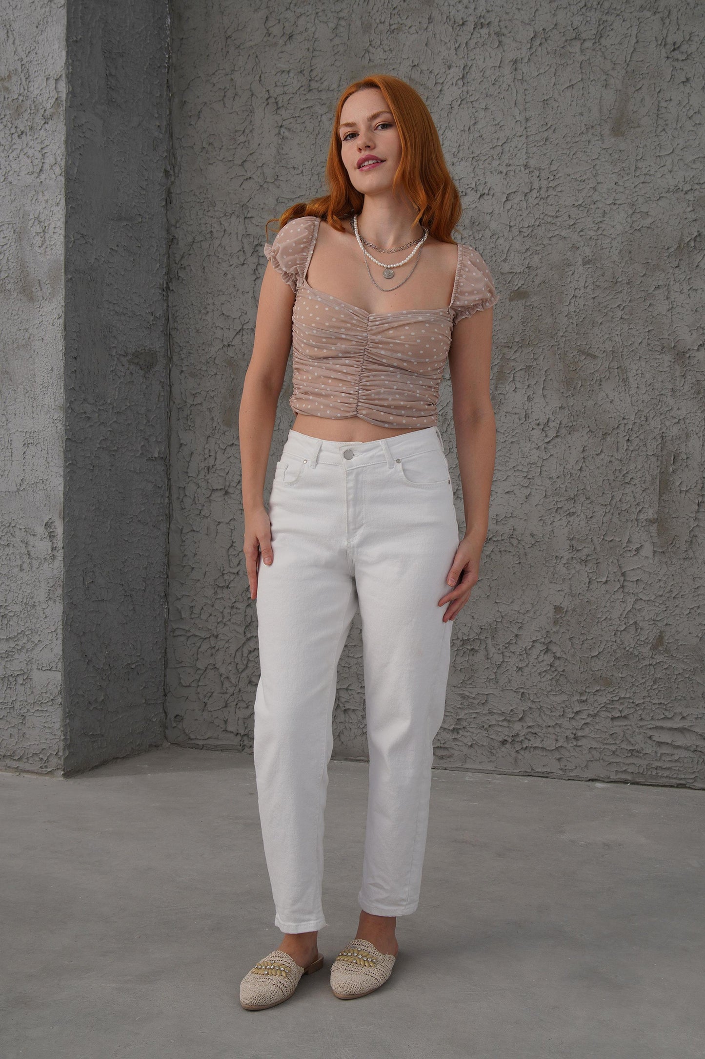 Polka Dot Waist Fit Crop Tops Cream