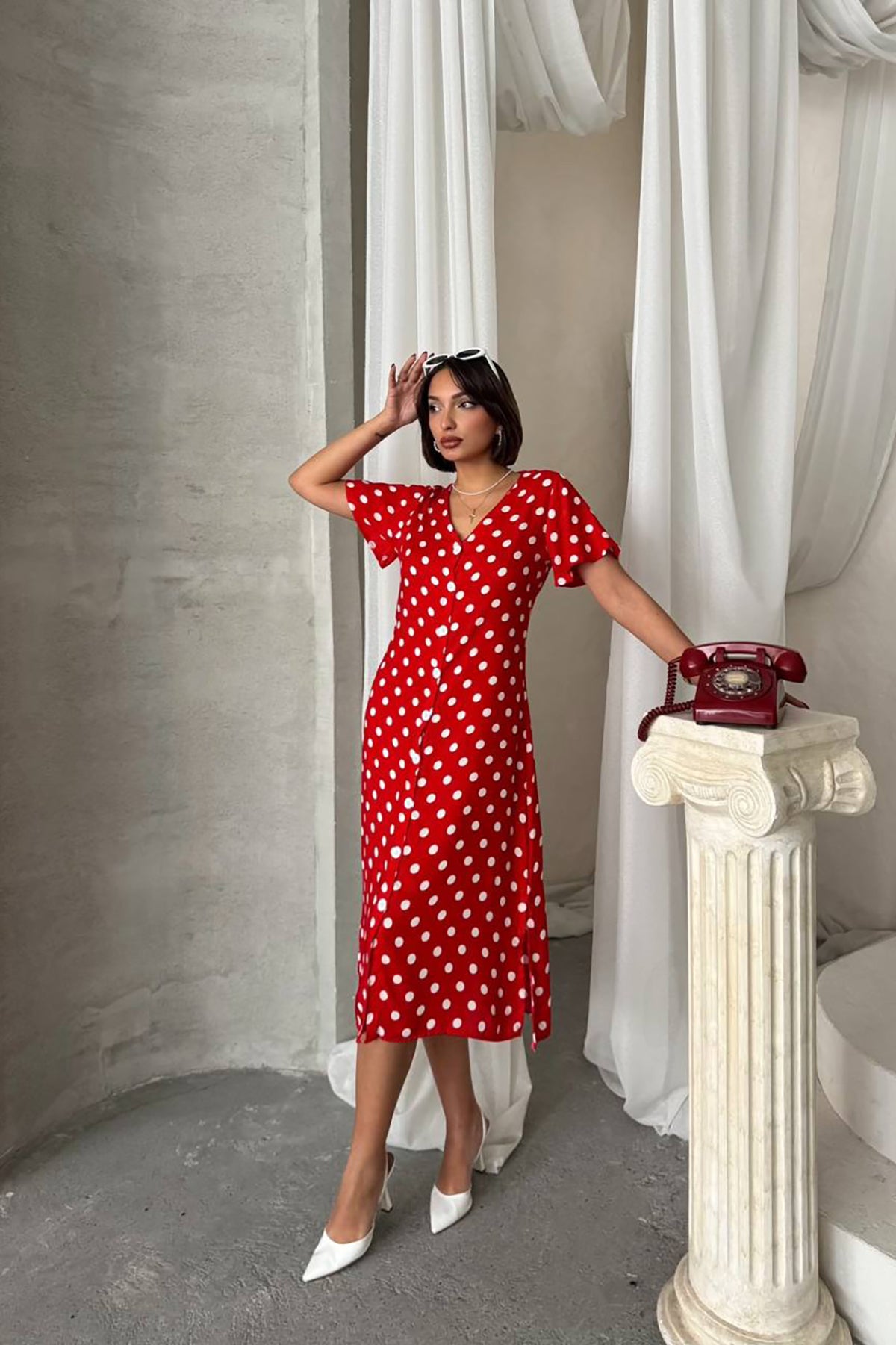 Short Sleeve Polka Dot Print Dress Red