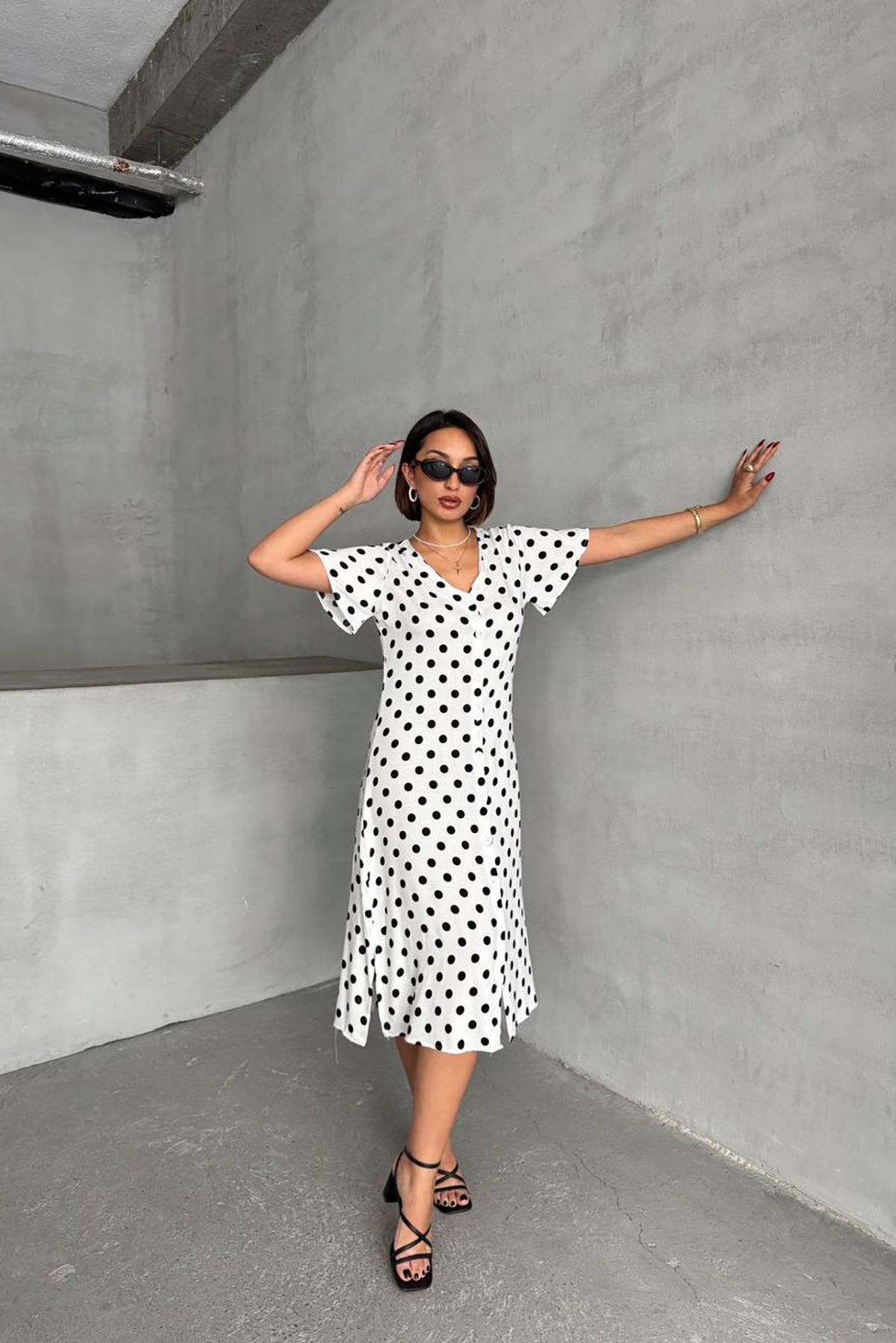 Short Sleeve Polka Dot Print Dress White