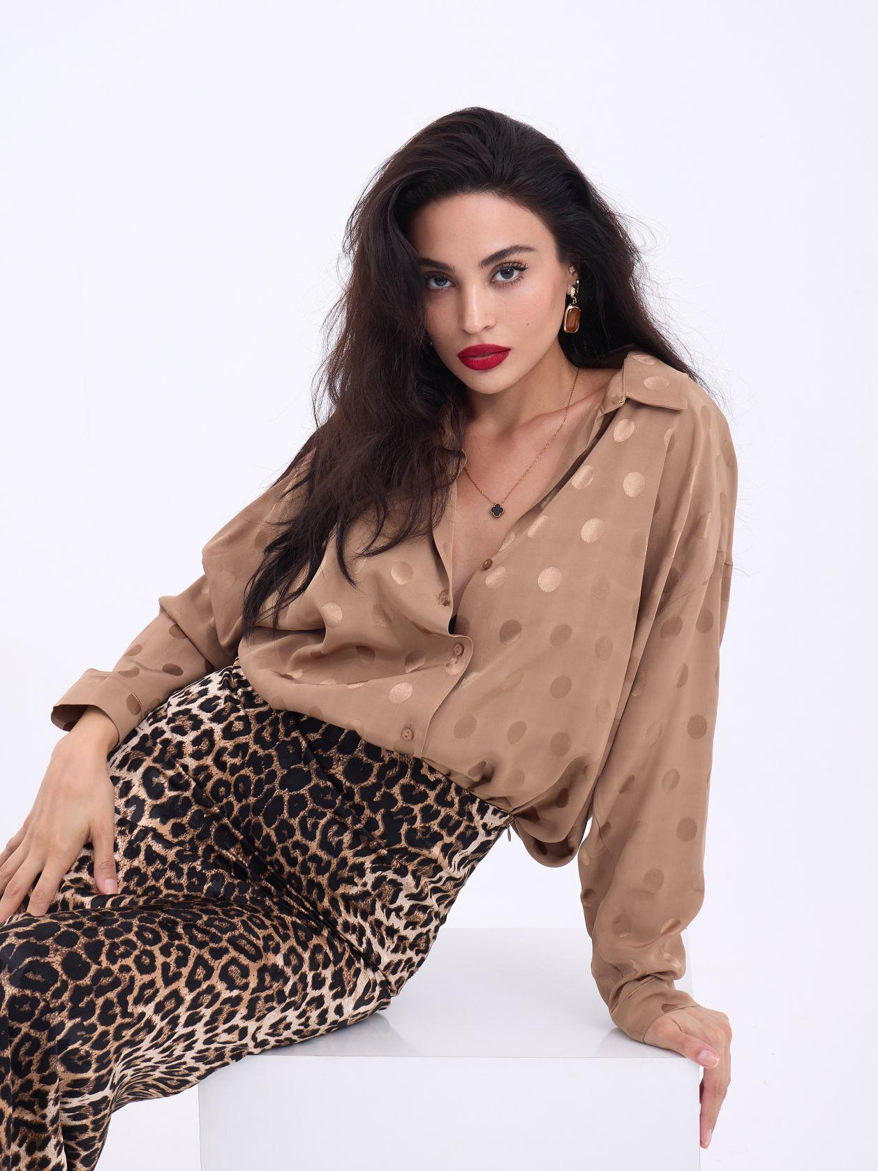 Long Sleeve Patterned Oversized Shirt Beige