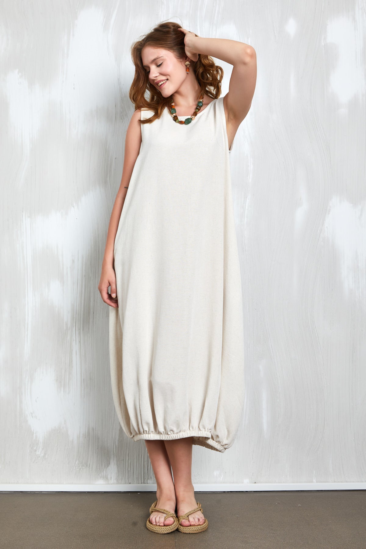 Sleeveless Balloon Dress Bottom Elastic Cream