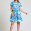Tulip Pattern Blue Dress With Elastic Sleeves and Side Pockets