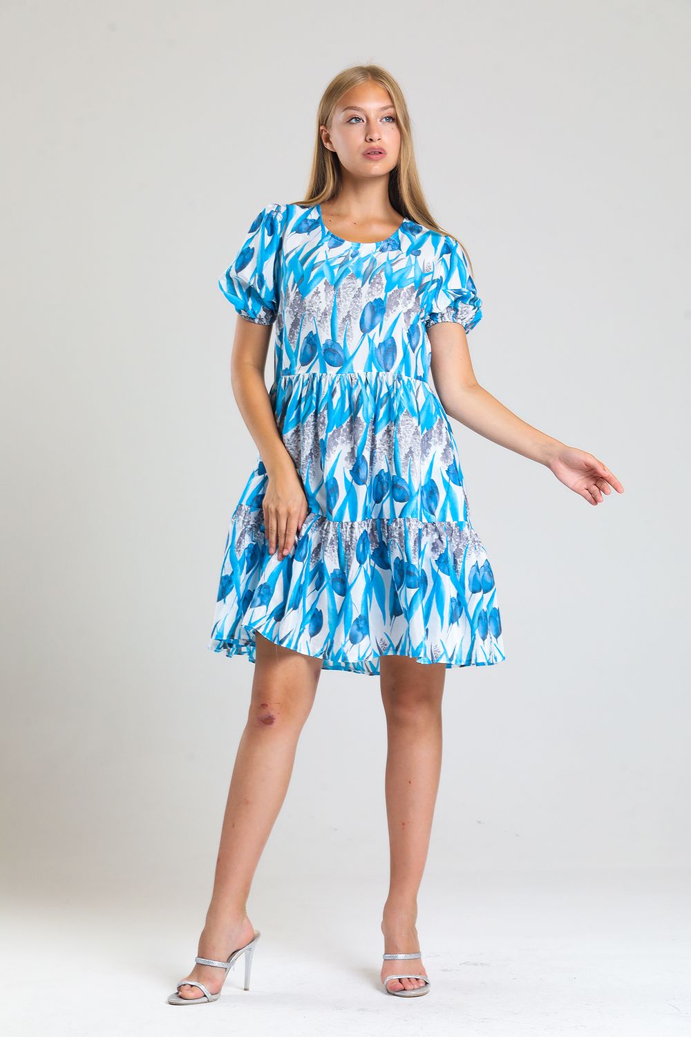 Tulip Pattern Blue Dress With Elastic Sleeves and Side Pockets