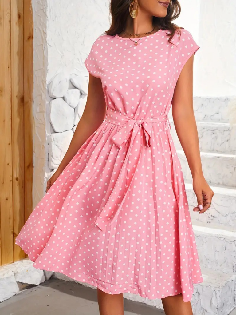 Sleeveless Belted Waist Polka Dot Sandy Dress Pink