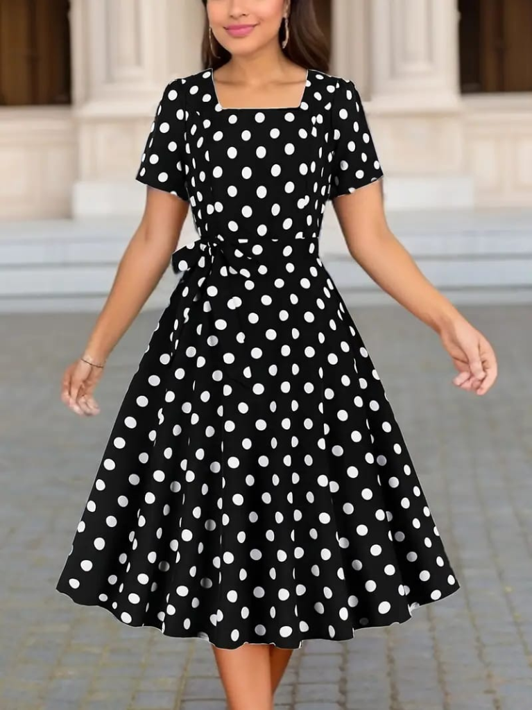 Short Sleeve Polka Dot Midi Dress Black