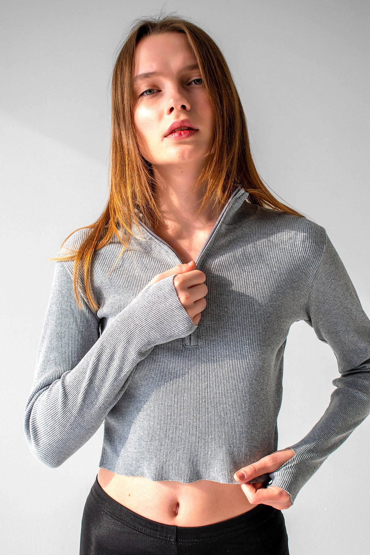 Zippered Crop Top With Ankle Detail Grey