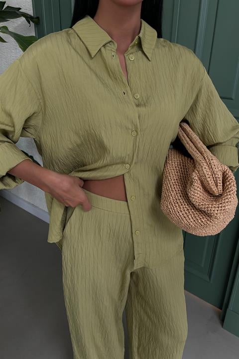 Embossed Striped Long Sleeve Shirt with Pants Set Peanut Green