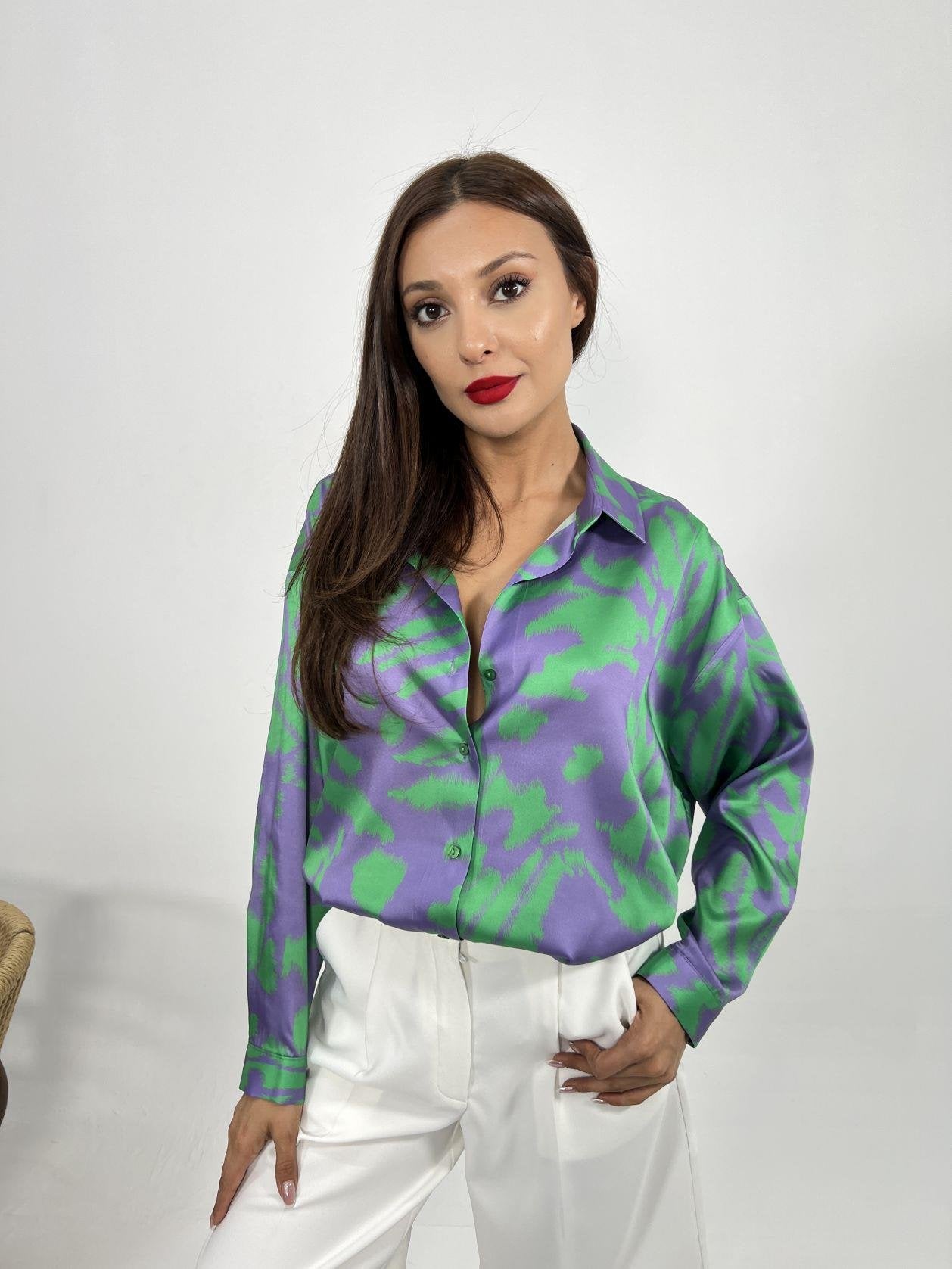 Long Sleeve Satin Shirt Oversized Purple and Green
