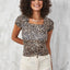 Short Sleeve Leopard Pattern Square Neck Slimfit Blouse