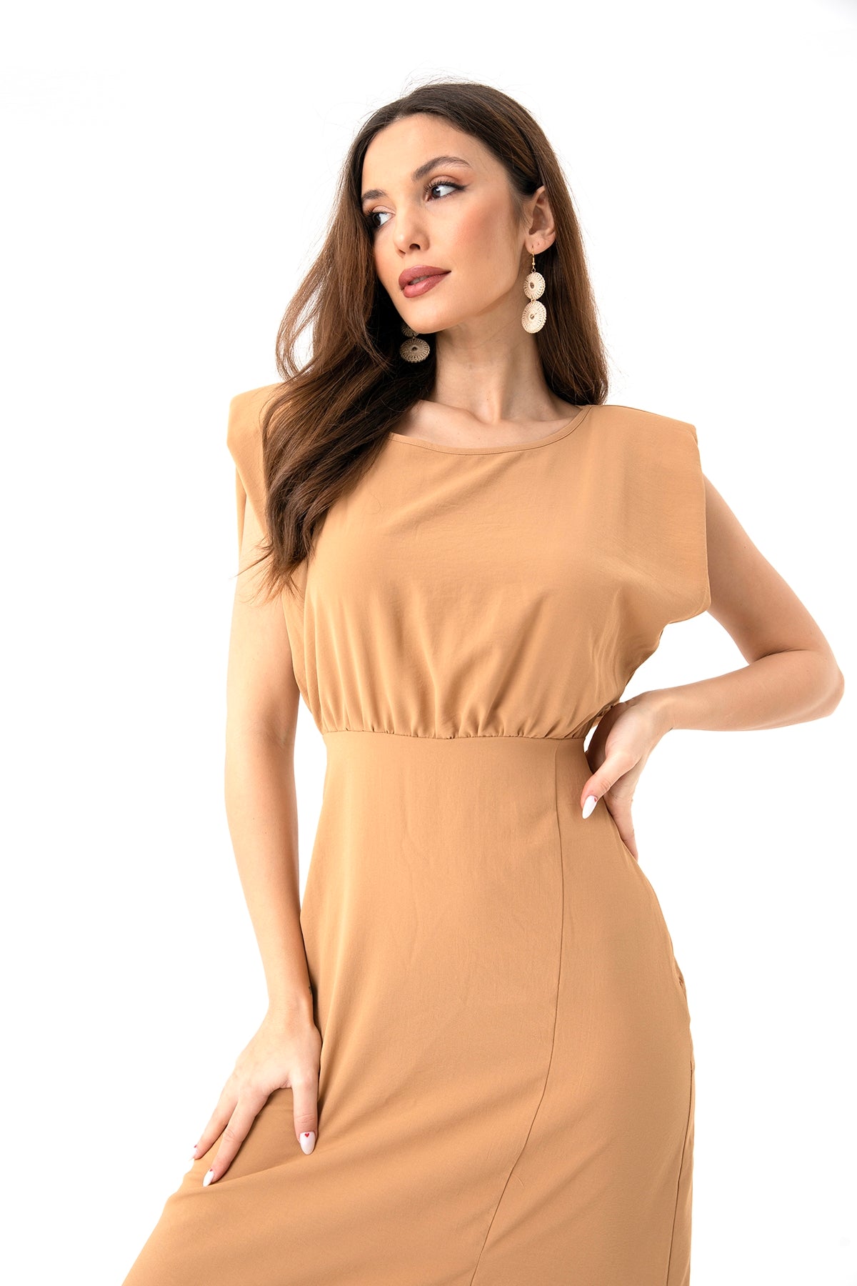 Short Sleeve Slip Detailed Midi Dress Beige