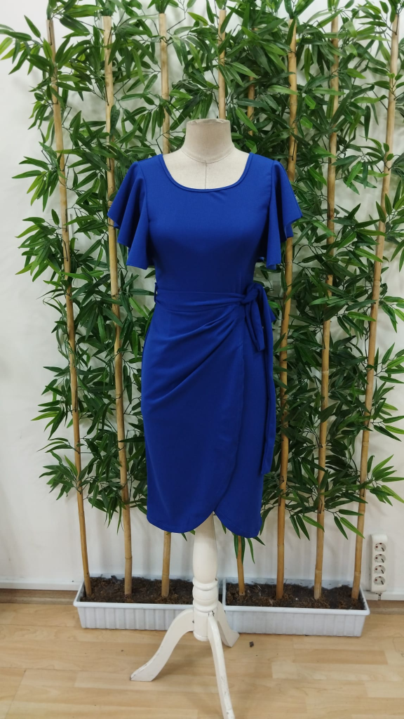 Ruffle Sleeve Knee Length Cross Cut Detailed Crepe Dress Blue