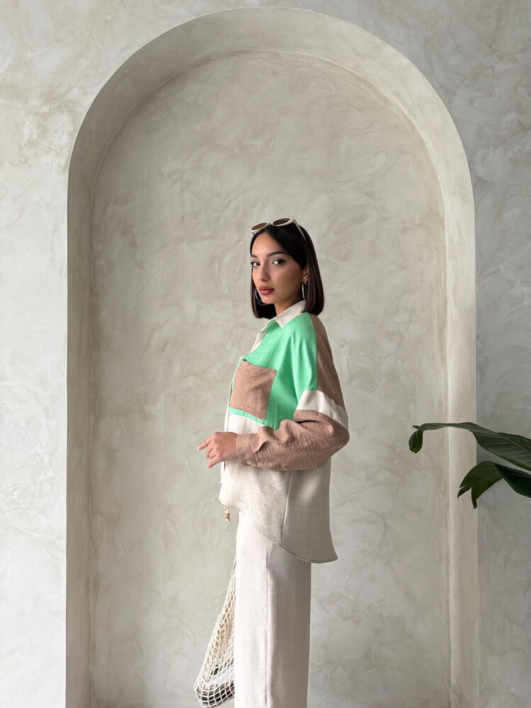 Long Sleeve Garnished Shirt Stone and Emerald