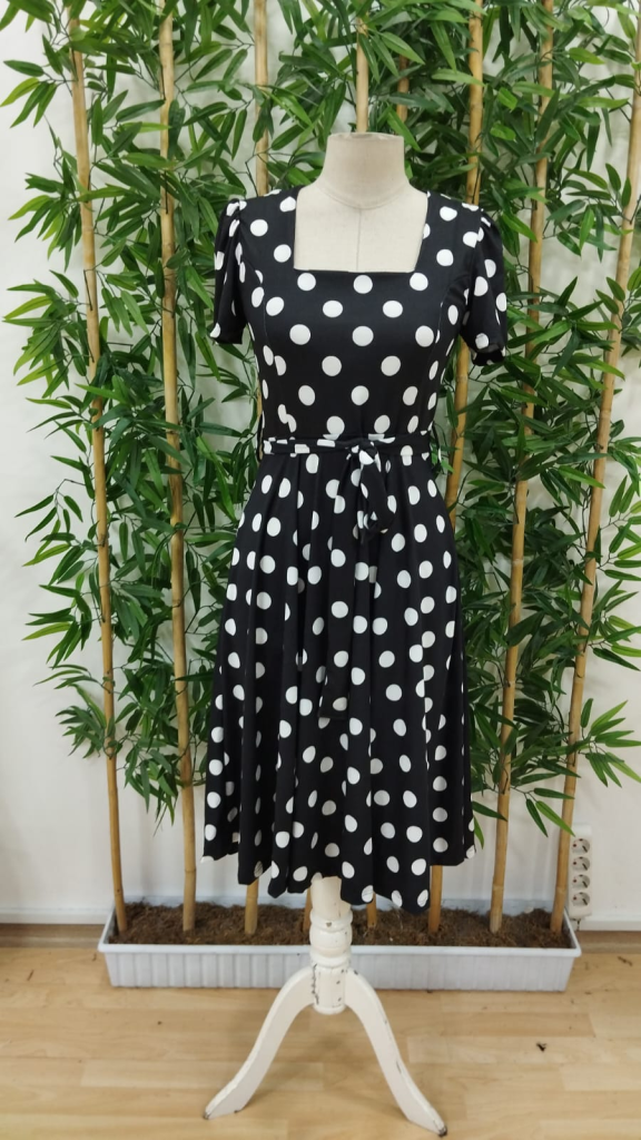 Short Sleeve Polka Dot Midi Dress Black