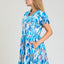 Tulip Pattern Blue Dress With Elastic Sleeves and Side Pockets