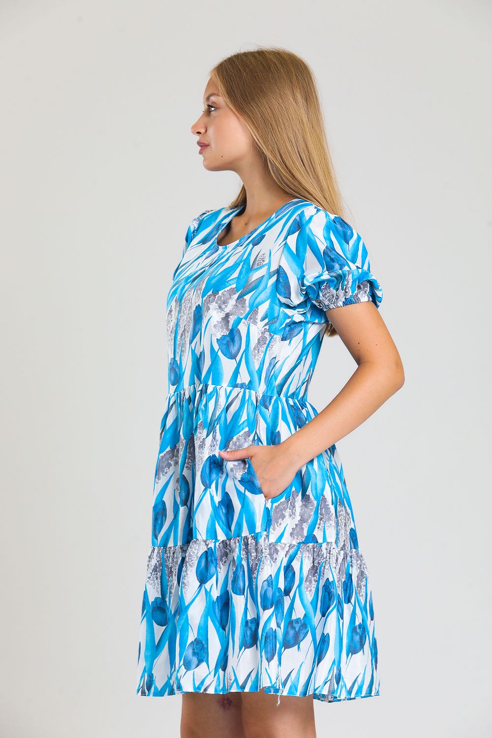 Tulip Pattern Blue Dress With Elastic Sleeves and Side Pockets