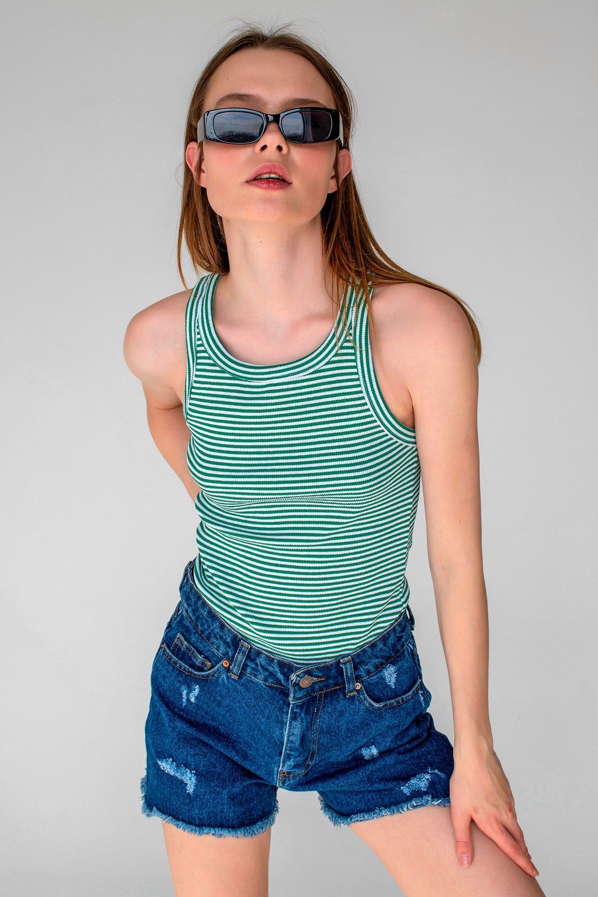 Striped Ribbed Halter Neck Tank Tops Green, White