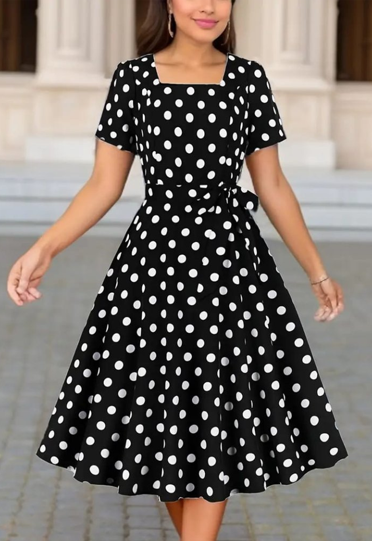 Short Sleeve Polka Dot Midi Dress Black