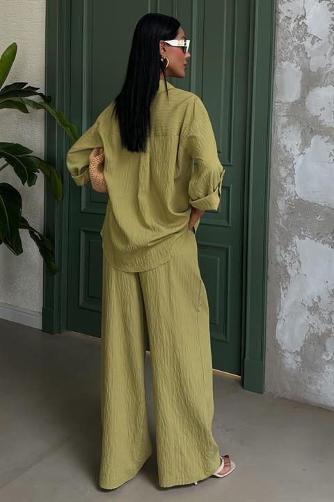 Embossed Striped Long Sleeve Shirt with Pants Set Peanut Green