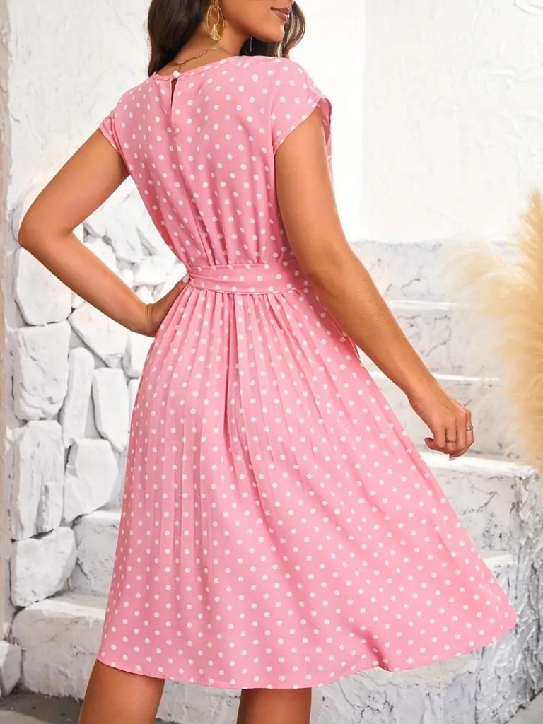 Sleeveless Belted Waist Polka Dot Sandy Dress Pink