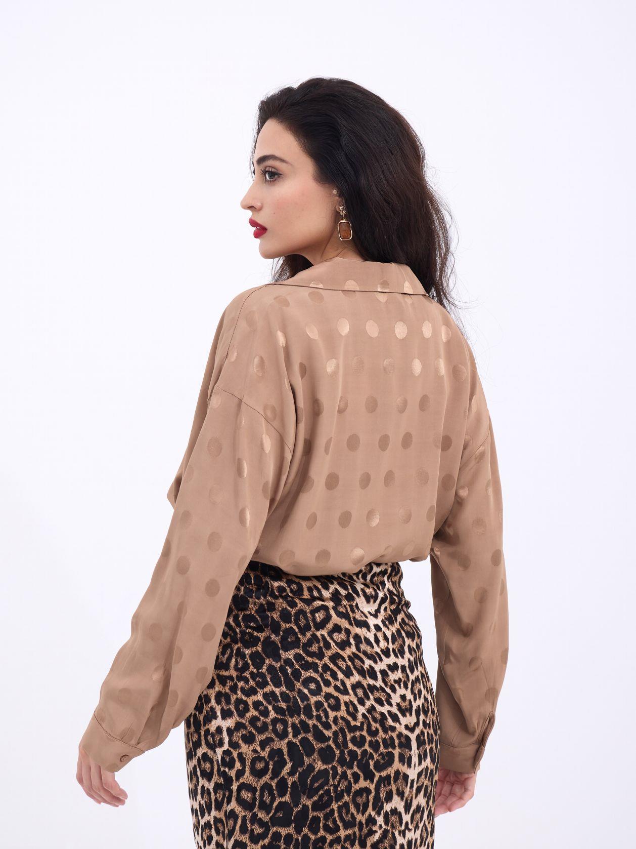 Long Sleeve Patterned Oversized Shirt Beige