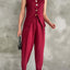 Gold Buttoned Vest Pleated Trousers Set Burgundy