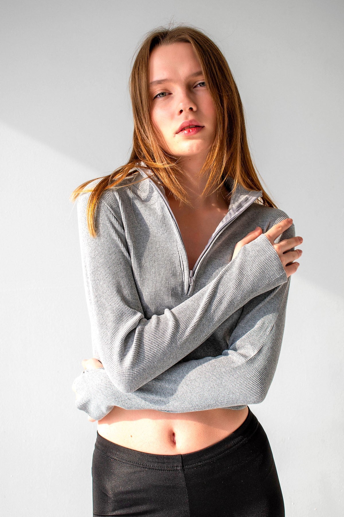 Zippered Crop Top With Ankle Detail Grey