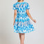 Tulip Pattern Blue Dress With Elastic Sleeves and Side Pockets