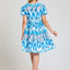 Tulip Pattern Blue Dress With Elastic Sleeves and Side Pockets