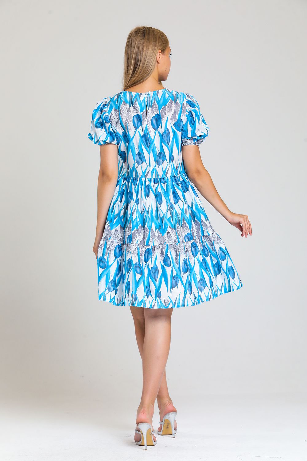 Tulip Pattern Blue Dress With Elastic Sleeves and Side Pockets