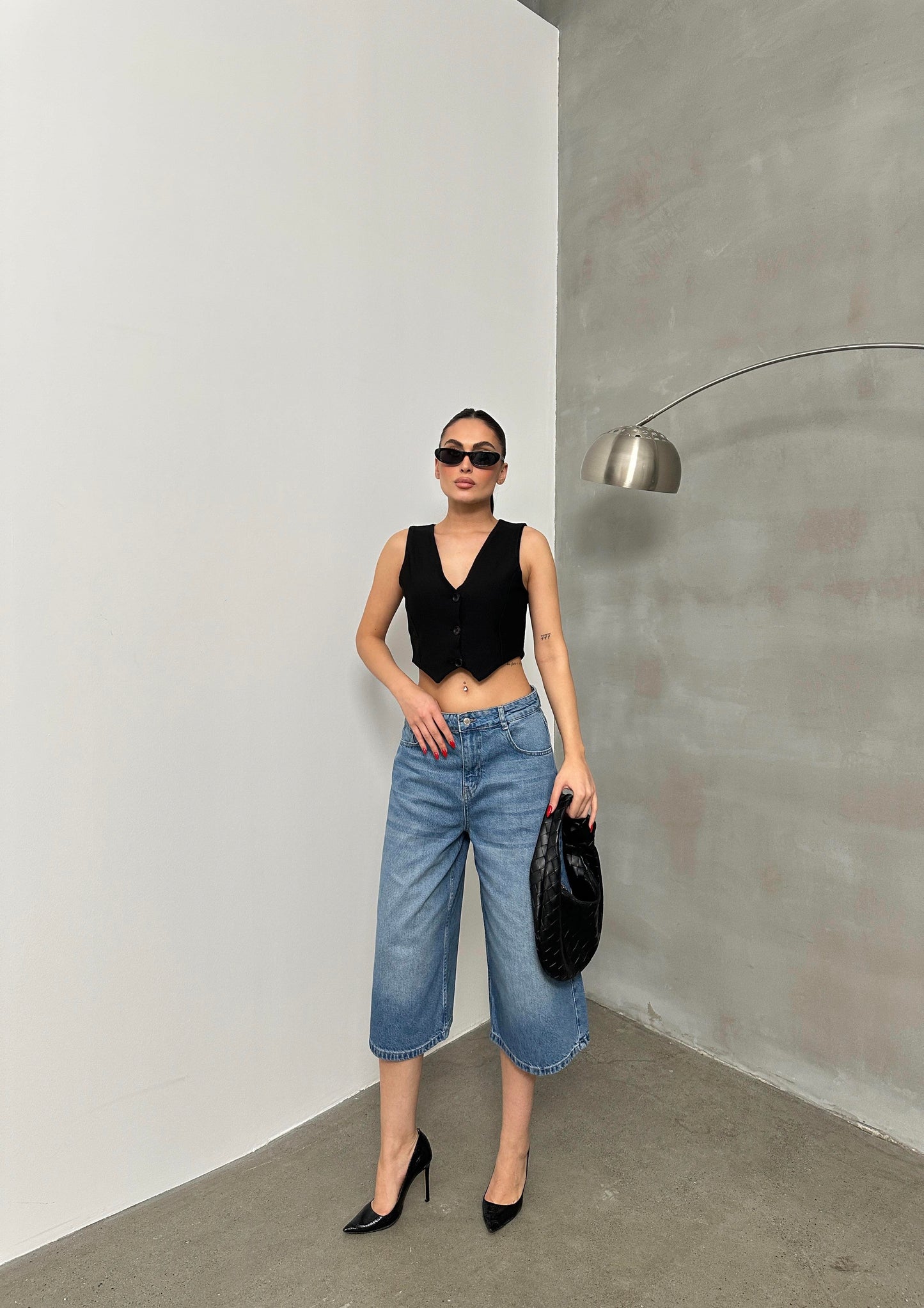 Baggy Pattern Bermuda Jeans Blue