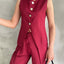 Gold Buttoned Vest Pleated Trousers Set Burgundy