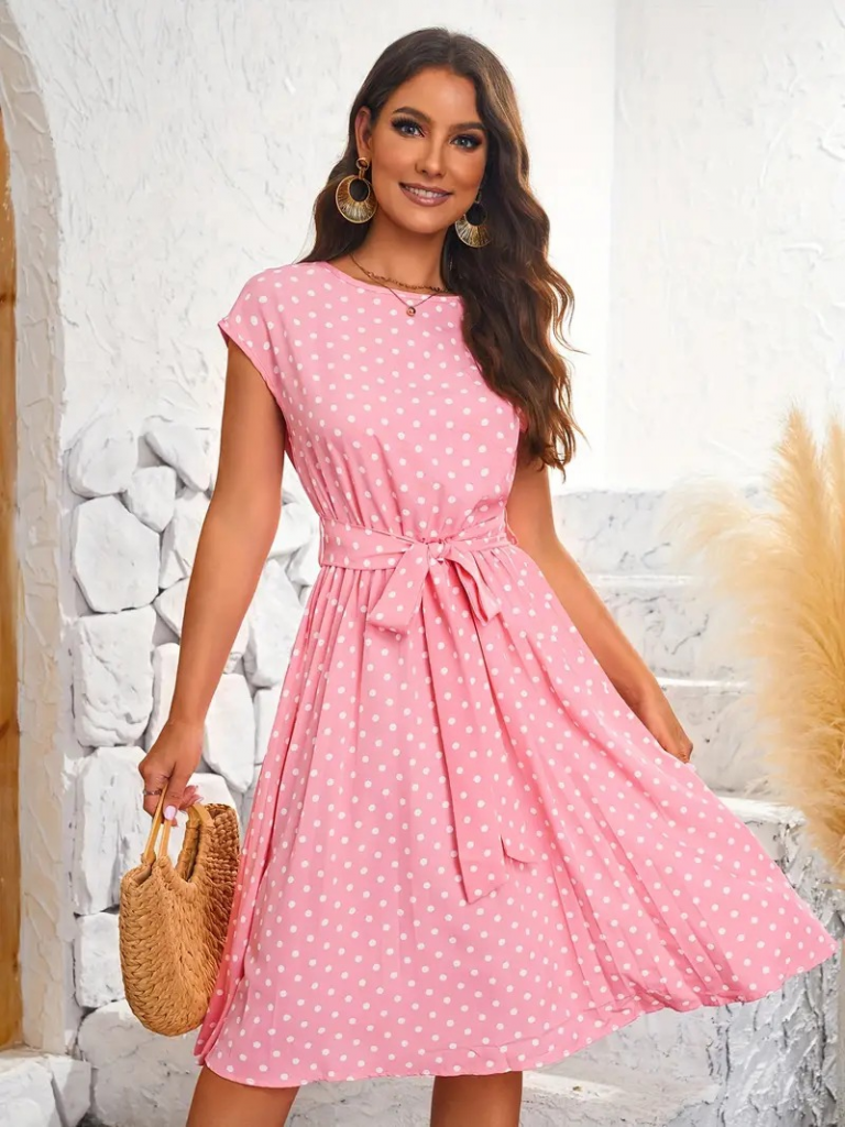 Sleeveless Belted Waist Polka Dot Sandy Dress Pink