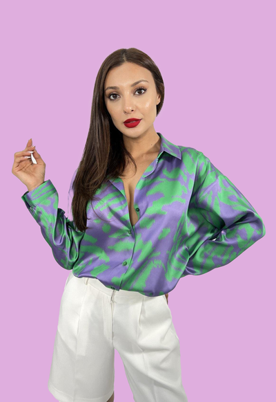 Long Sleeve Satin Shirt Oversized Purple and Green