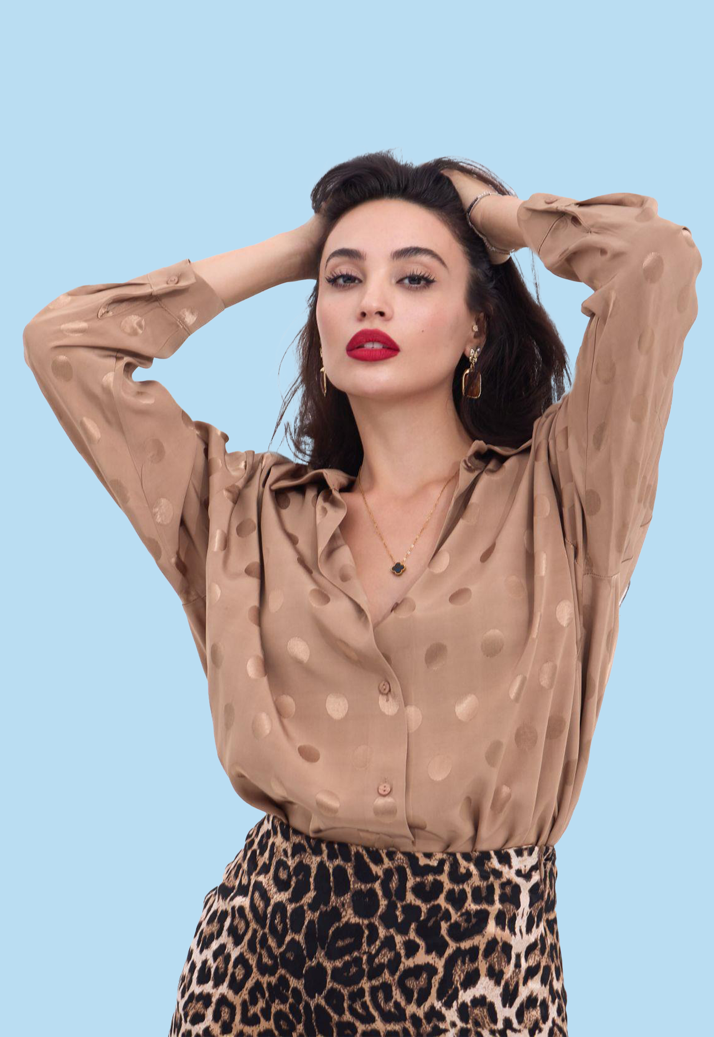 Long Sleeve Patterned Oversized Shirt Beige